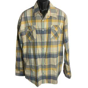 Mossimo Western Pearl Snap Shirt XXL Yellow Blue Plaid Pockets Roll Tab Sleeves